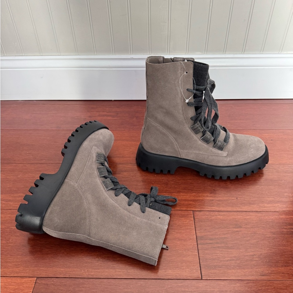 VANELi Zabou Round Toe Combat Boots With Monili Beads Dark Taupe Size 8.5 TTS